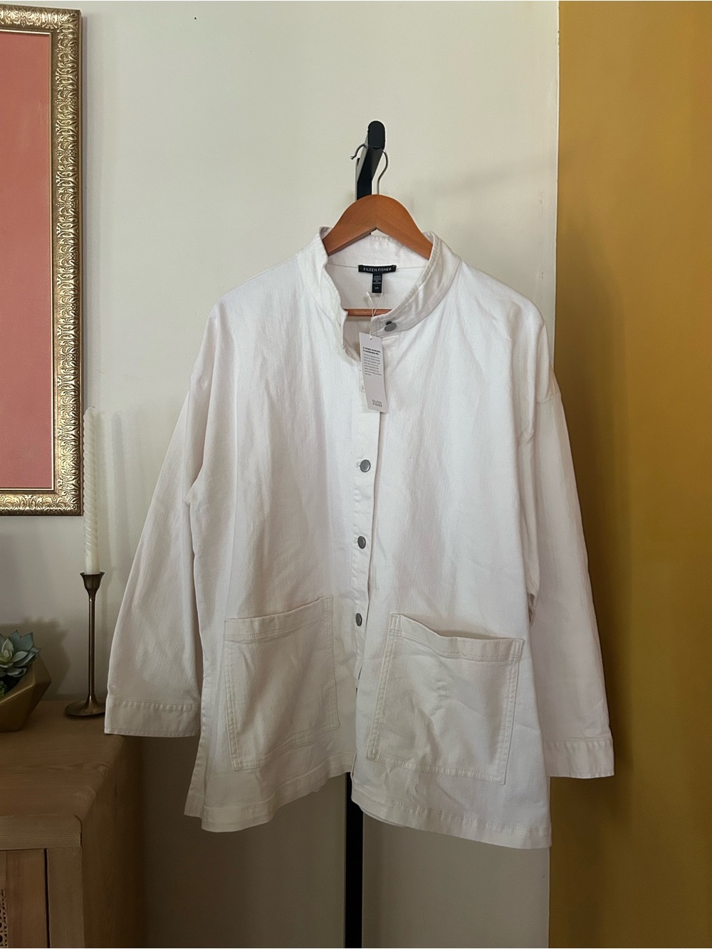 Eileen Fisher Stand Collar Shirt Jacket Chore Organic Cotton White NWT Large